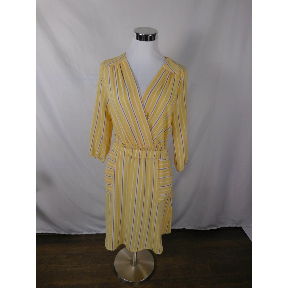 Monteau Dress Womens Medium Yellow Striped Wrap V Neck 3/4 Sleeve Pockets